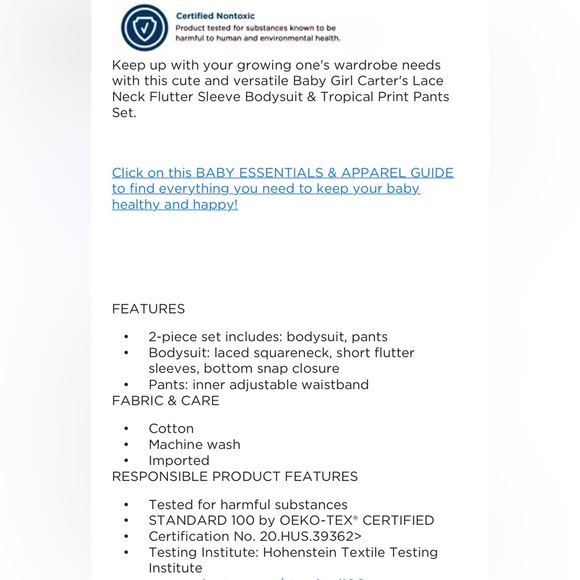 NWT Carter’s  Lace Neck
Flutter Sleeve Bodysuit & Tropical Print 
 Pants Set 24M - Picture 5 of 6